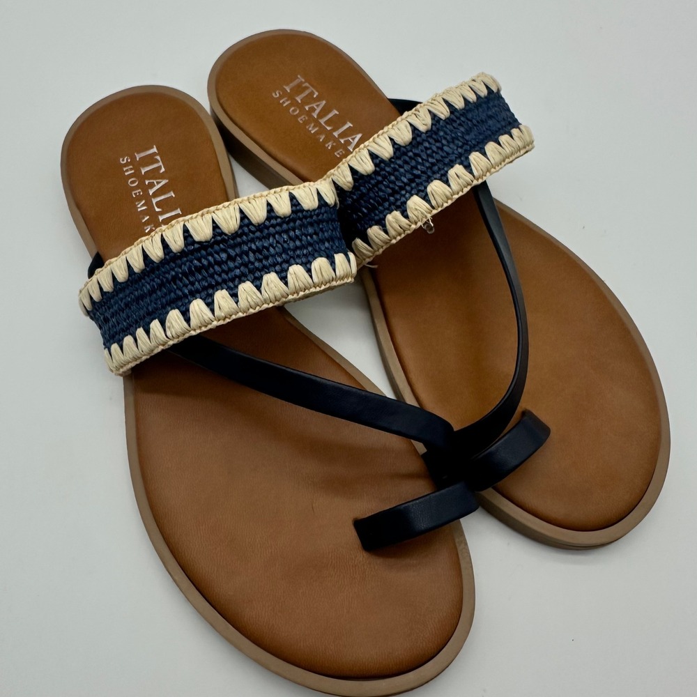 Italian Shoemakers Womens Navy Blue Raffia Thong Sandals Clean Girl Flat Size 8